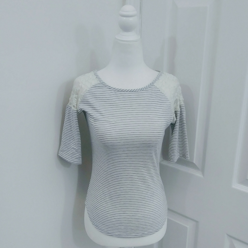 Grey & White Striped Lace Top